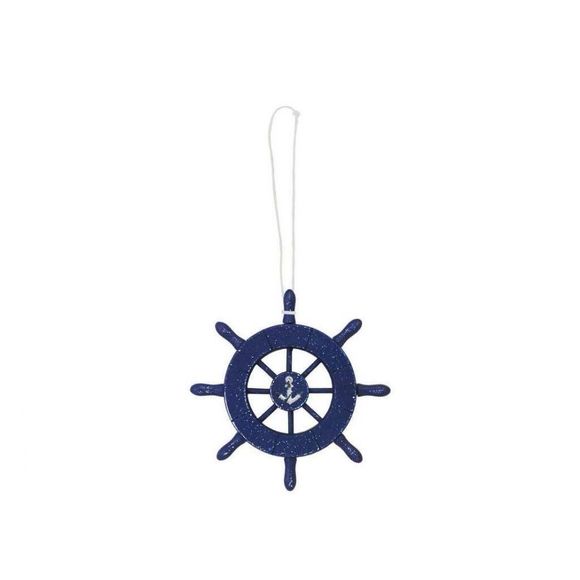 Rustic Dark Blue Decorative Ship Wheel With Anchor Christmas Tree Ornament 6"" - Picture 2 of 3